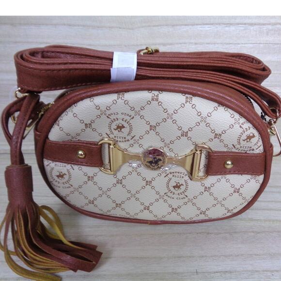 Beverly Hills Polo‎ Club BHPC Cream & Brown Vegan Leather Crossbody Purse - Picture 1 of 9